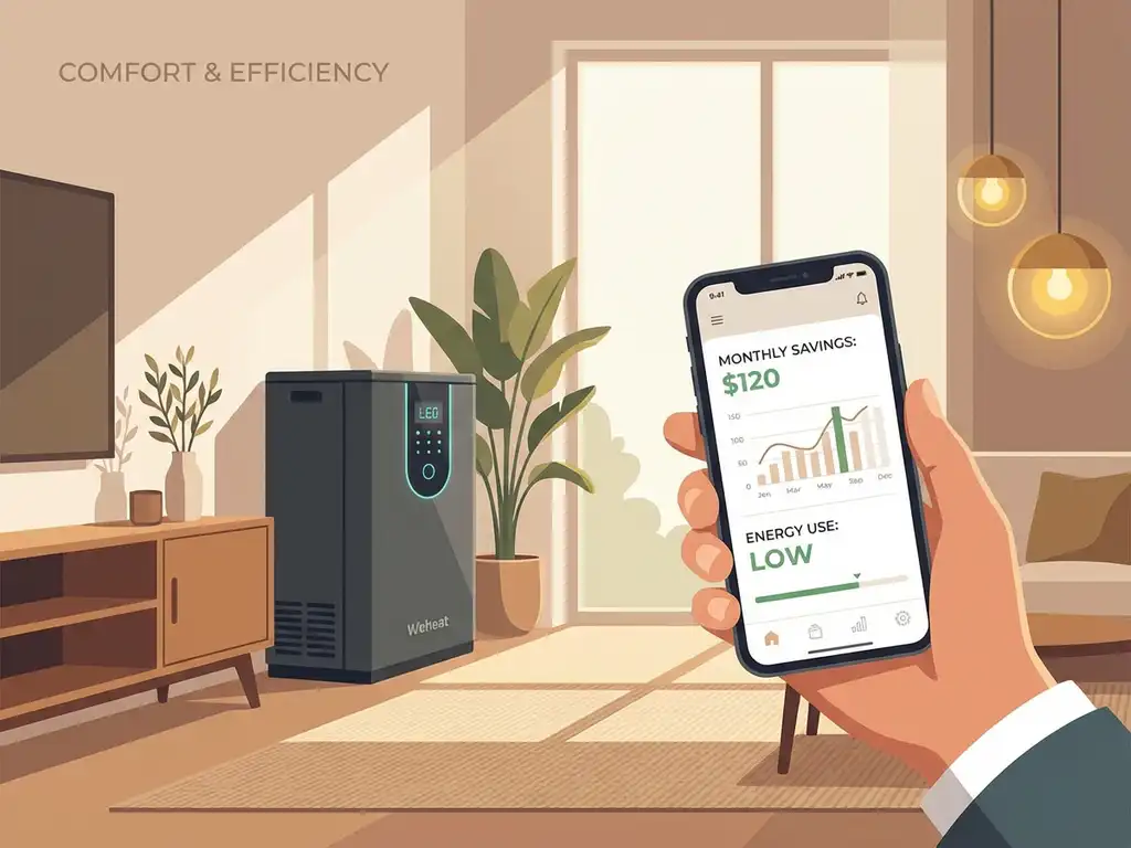 Moderne Weheat warmtepomp in eigentijdse woonkamer met smartphone die maandelijkse kostenrekentool toont