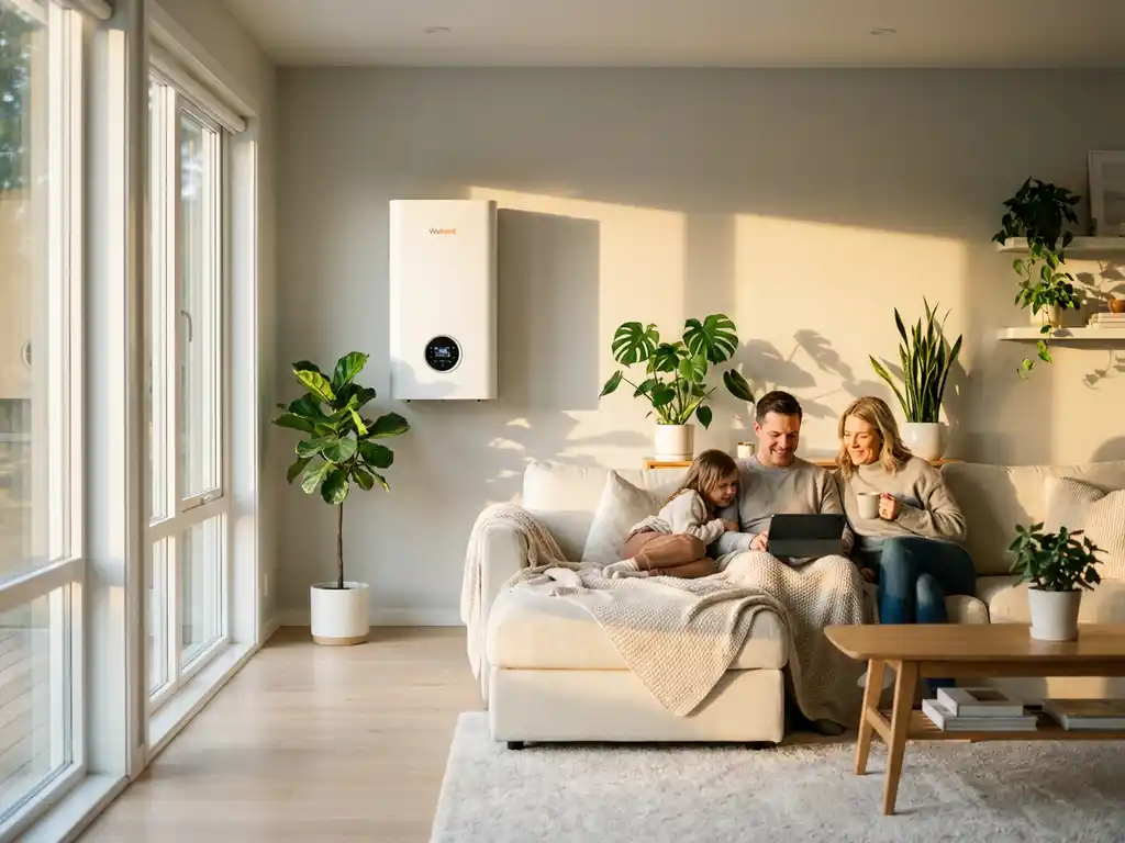 Moderne woonkamer met Weheat warmtepomp aan de muur, gezin ontspant op bank bij raam met natuurlijk licht en planten