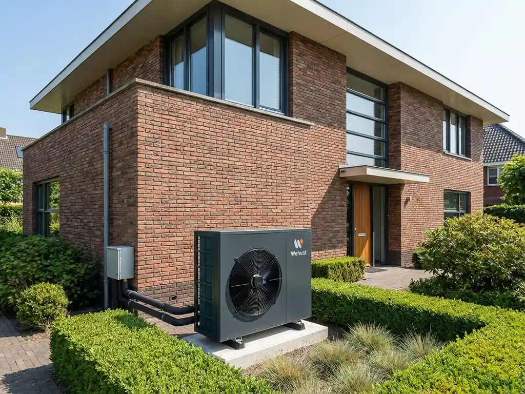 Weheat warmtepomp geïnstalleerd naast moderne Nederlandse jaren 90 woning met bakstenen gevel en grote ramen