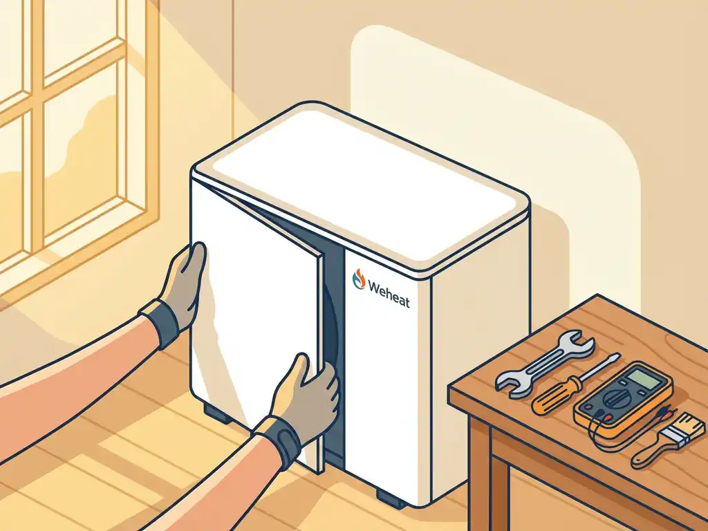 Technicus onderhoudt witte Weheat warmtepomp in moderne woning met gereedschap en natuurlijk licht