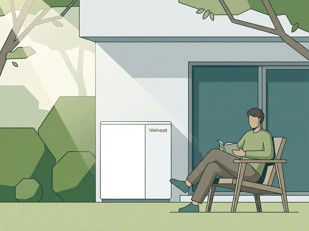 Witte Weheat warmtepomp tegen moderne woning met persoon die rustig leest op terras tussen groene tuin
