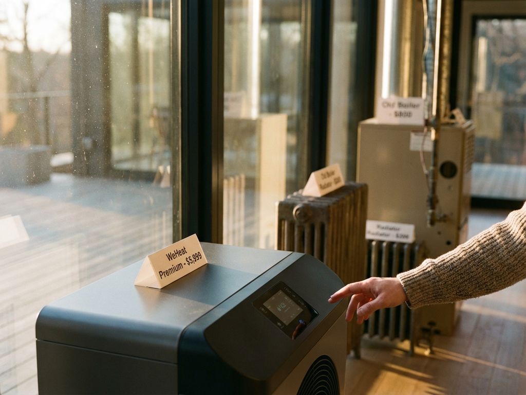 Moderne warmtepomp unit op voorgrond met hand die naar premium WeHeat model reikt, traditionele verwarmingssystemen op achtergrond