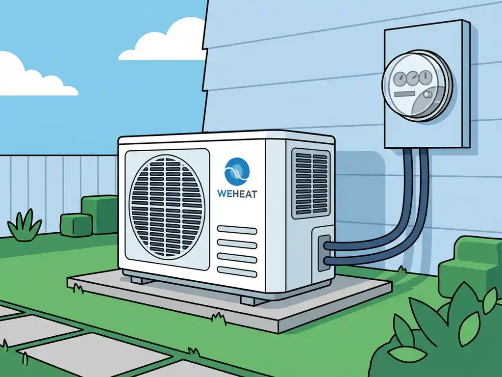 Witte Weheat warmtepomp in moderne achtertuin met elektriciteitsmeter en stroomlijnen naar huis, vectorillustratie