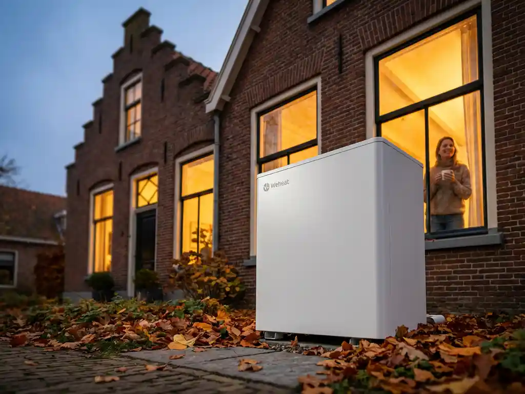 Moderne Weheat warmtepomp voor gezellig Nederlands huis tijdens herfst, met tevreden bewoner zichtbaar door raam
