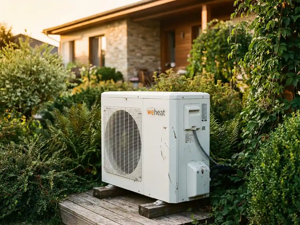 Witte Weheat warmtepomp in onderhouden achtertuin met weelderige groene planten en modern huis op achtergrond