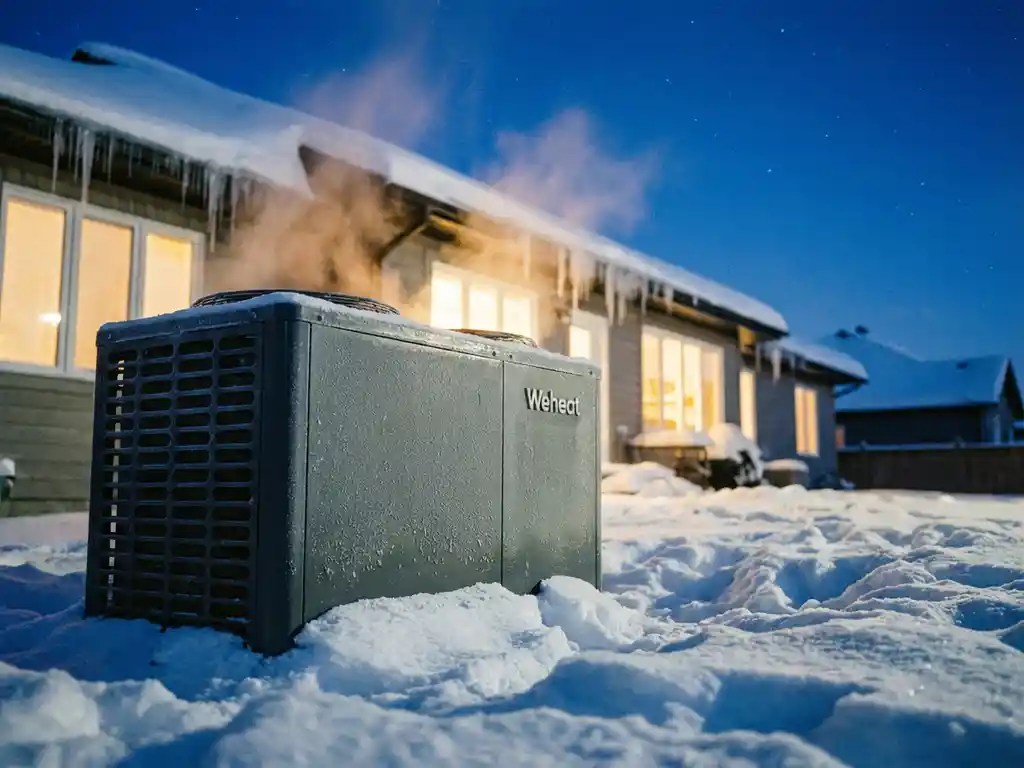 Weheat warmtepomp in besneeuwde achtertuin tijdens winterschemering, stoom stijgt op uit ventilatieopeningen