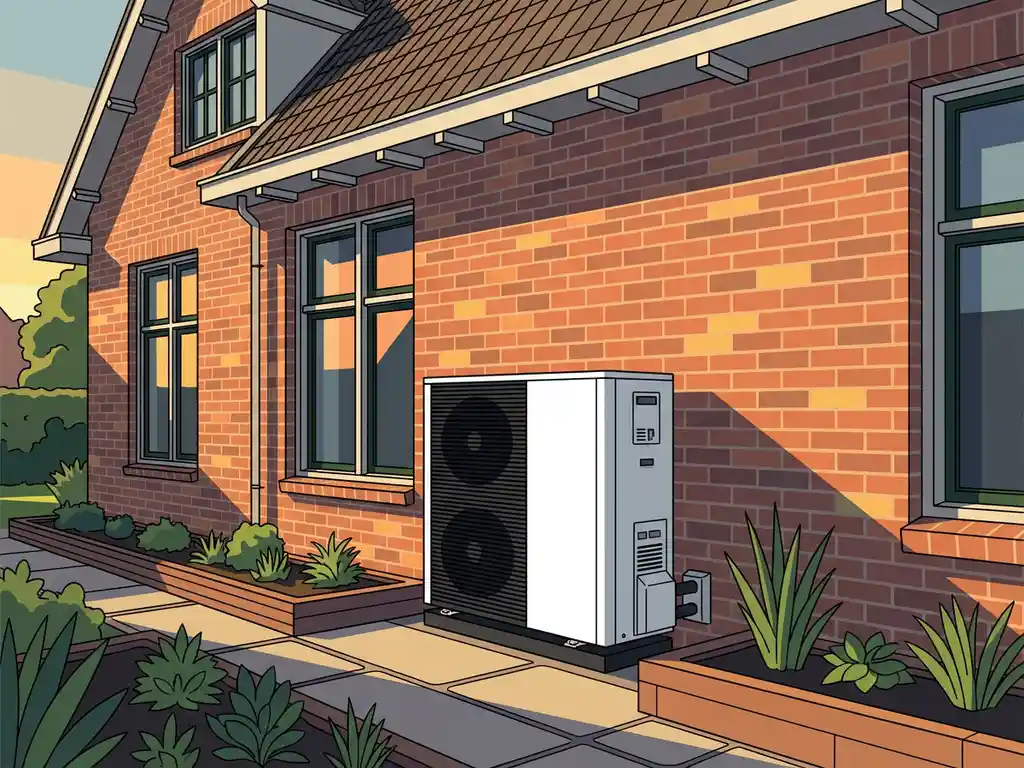 Moderne warmtepomp met wit behuizing geïnstalleerd tegen bakstenen gevel van Nederlands woonhuis in tuin