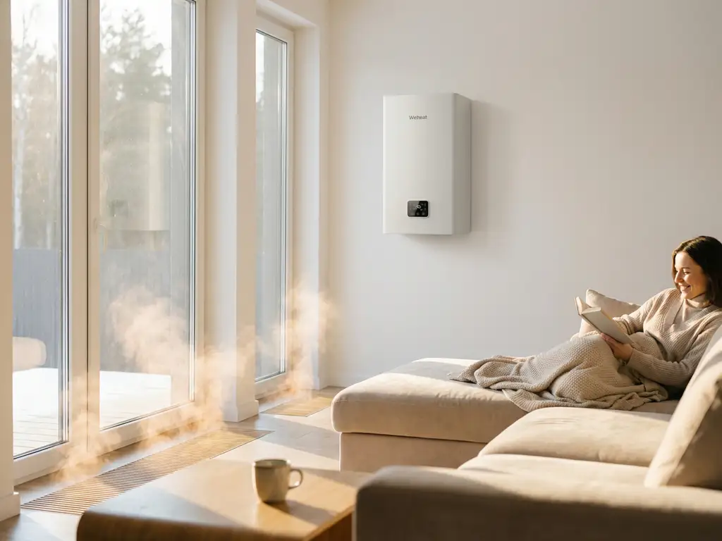 Weheat warmtepomp aan witte muur in moderne woonkamer met persoon ontspannen op bank, warm zonlicht door ramen