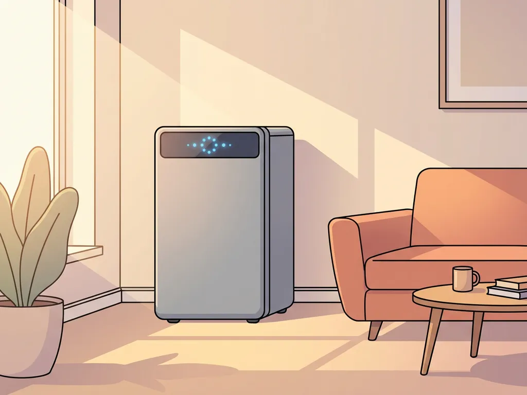 Moderne warmtepomp in woonkamerhoek met blauwe LED-indicatoren, fauteuil en salontafel, zachte zonnestralen door raam