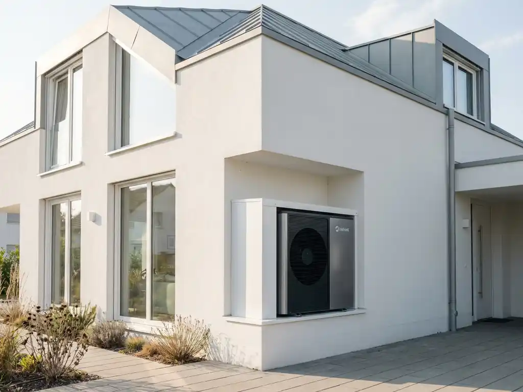 Weheat warmtepomp geïnstalleerd op hoekwand van modern wit woonhuis met grote ramen en hoekige architectuur