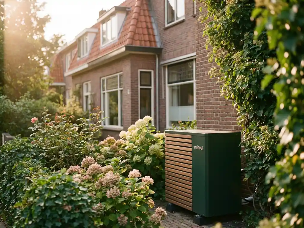 Compacte Weheat warmtepomp in kleine Nederlandse tuin met groene planten en bloemen, gezellig herenhuis op achtergrond