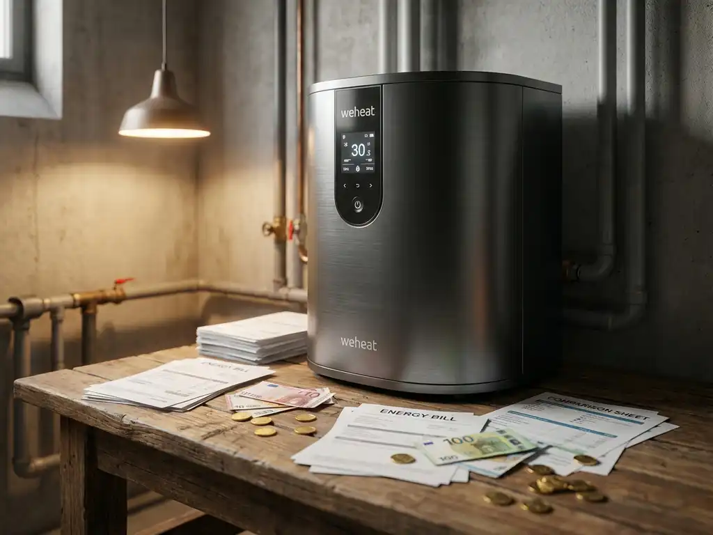 Weheat warmtepomp in moderne kelder met rekeningen en geld, toont kostenbesparingen en energie-efficiëntie
