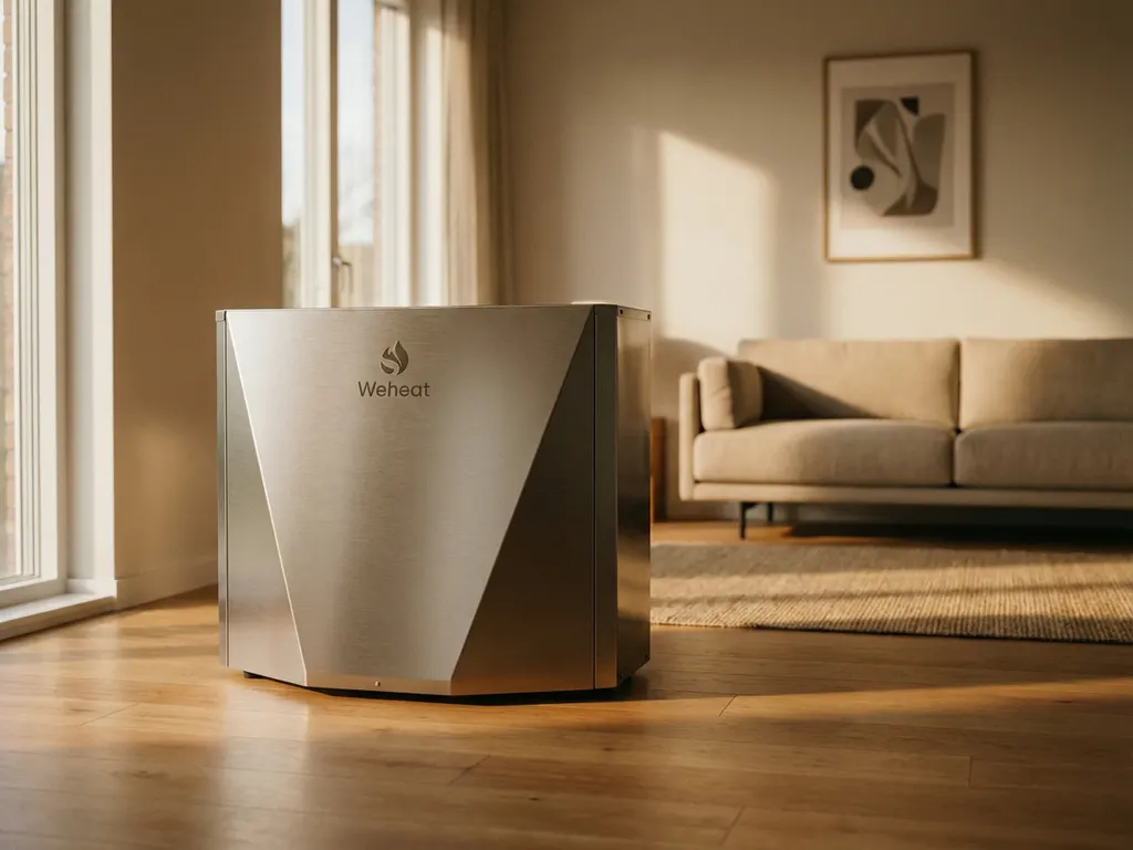 Weheat warmtepomp met modern design en metallic afwerking in eigentijdse woonkamer met houten vloer