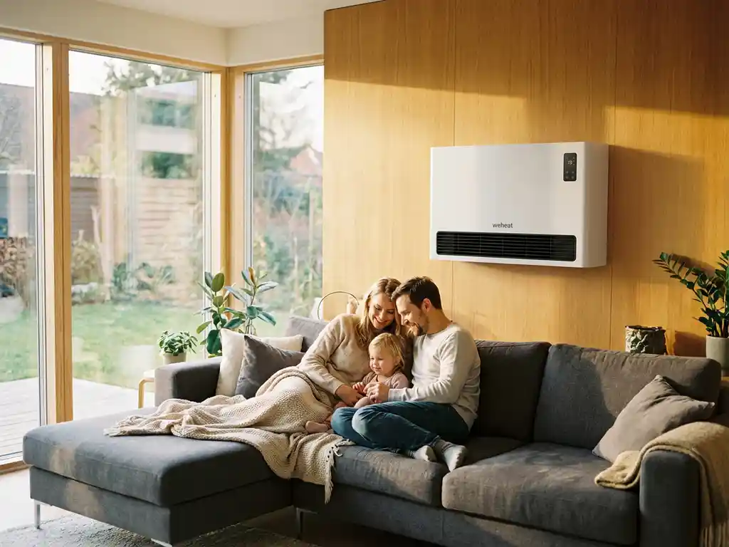 Moderne woonkamer met Weheat warmtepomp aan houten wand en gelukkig gezin van drie op bank in gouden licht