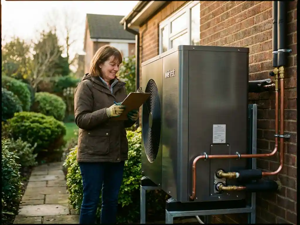 Weheat warmtepomp in onderhouden tuin met eigenaar die onderhoudslijst controleert bij gouden uurtje