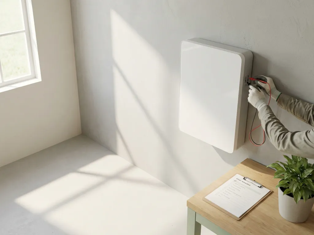 Elektricien inspecteert witte thuisbatterij gemonteerd op garagemuuur, klembord op houten werkbank, natuurlijk licht