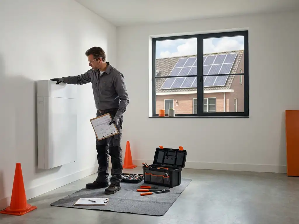 Professionele installateur monteert witte lithium thuisbatterij aan garagemuuur, draagt veiligheidsuitrusting en houdt certificaten vast