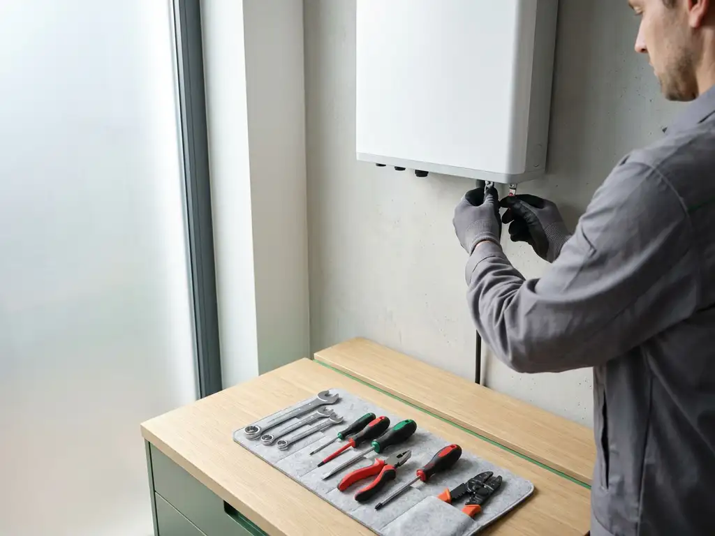 Technicus sluit batterijklemmen aan op witte thuisbatterij-eenheid gemonteerd aan werkplaatsmuur met gereedschap op werkbank