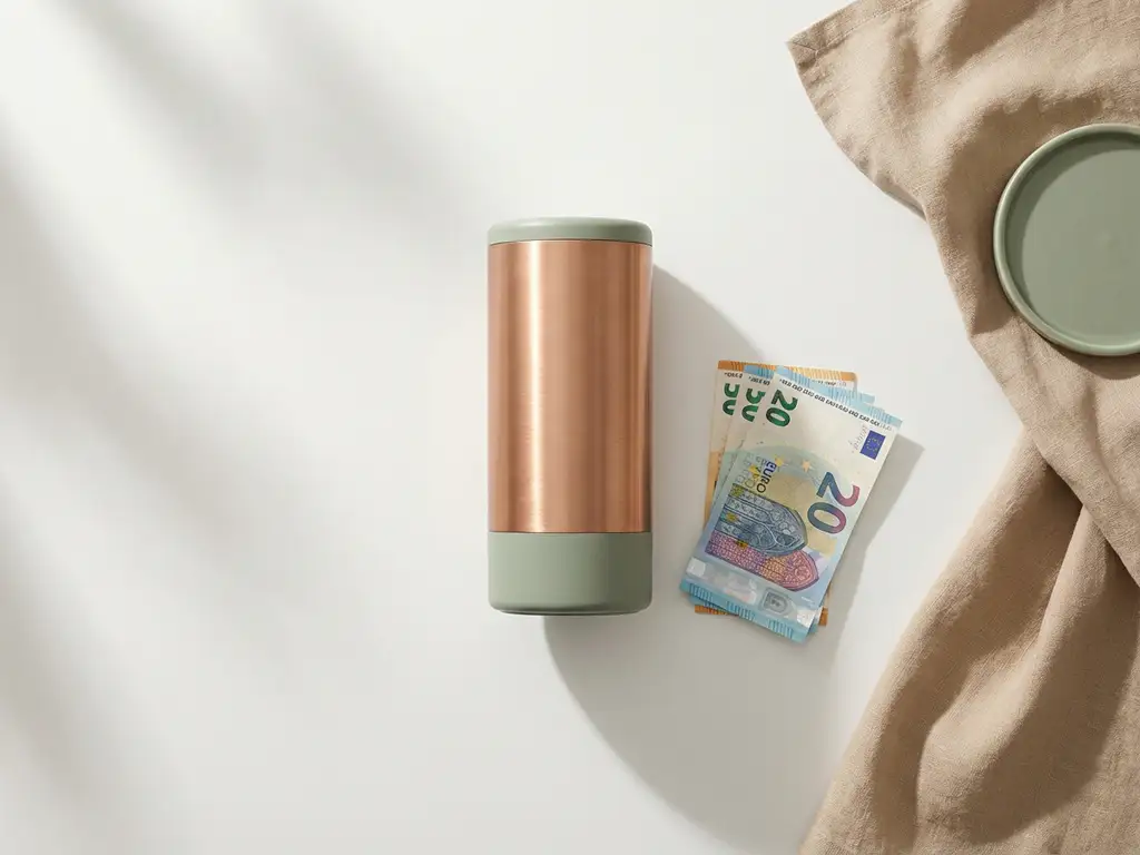 Thuisbatterij-eenheid naast stapel eurobiljetten op witte ondergrond, warme natuurlijke belichting met zachte schaduwen