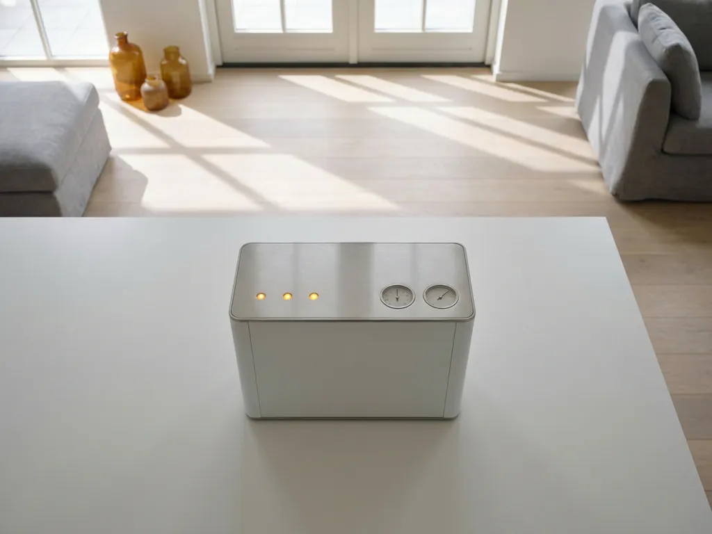 Thuisbatterij met LED-indicatoren op witte ondergrond in minimalistisch Nederlands interieur met natuurlijk licht