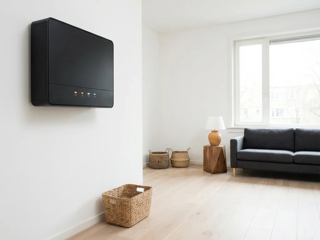 Moderne thuisbatterij gemonteerd op witte muur in Nederlandse woonkamer met eiken vloer en natuurlijk licht