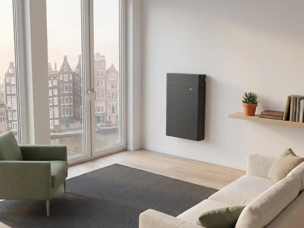 Thuisbatterij gemonteerd aan witte muur in moderne Nederlandse woonkamer met uitzicht op Utrechtse grachtenhuizen