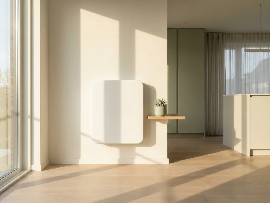Witte thuisbatterij gemonteerd op minimalistische muur met natuurlijk licht en vetplant op plank in Nederlandse woning