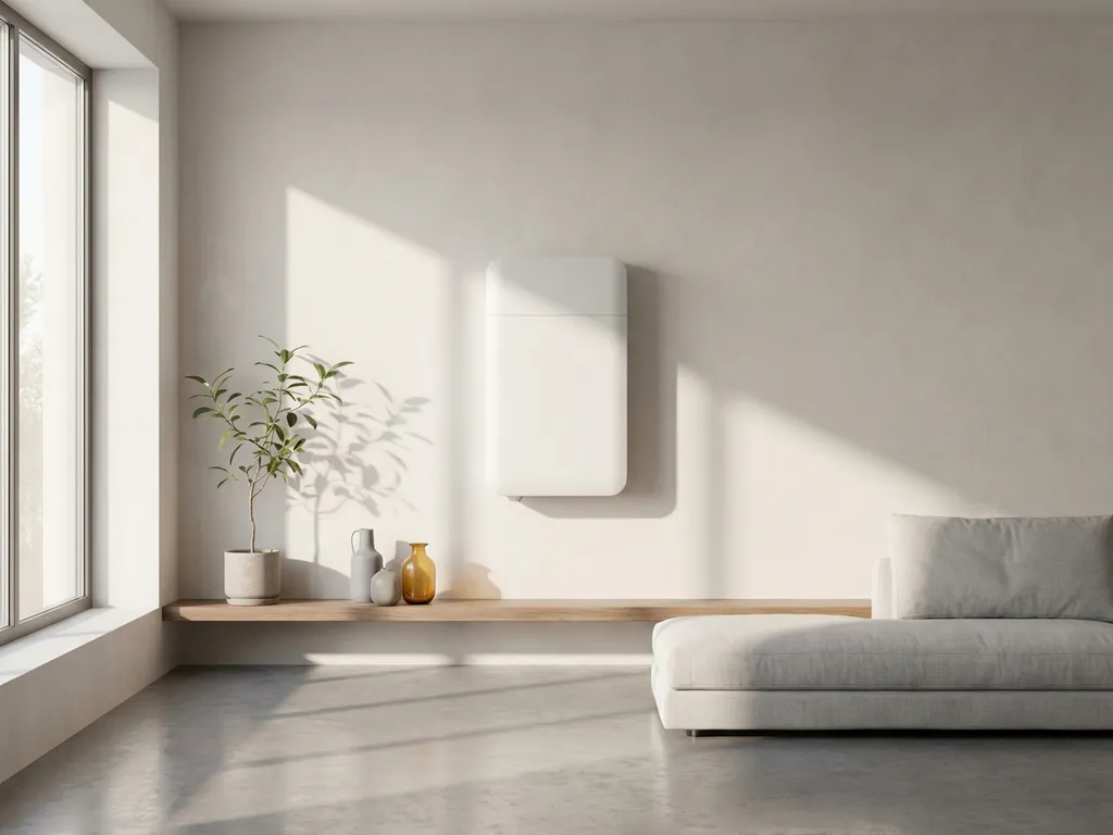 Witte thuisbatterij gemonteerd aan minimalistische muur met natuurlijk daglicht en geometrische schaduwen