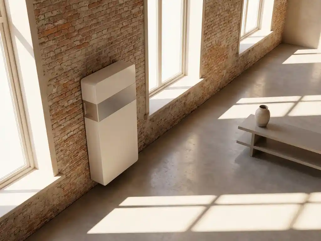 Witte thuisbatterij gemonteerd op bakstenen muur in Nederlands huis met betonnen vloer en warme middaglicht