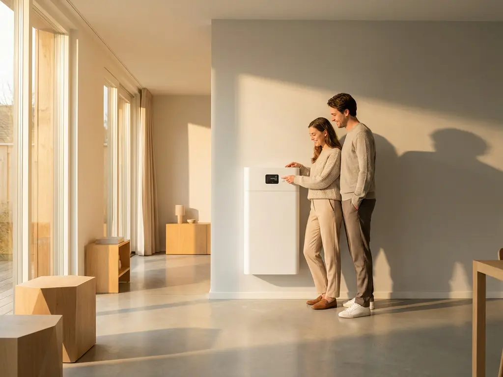 Wit thuisbatterijsysteem aan muur met jong stel in modern Nederlands interieur met gouden zonlicht