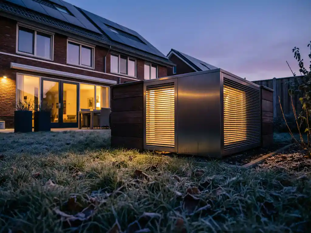 Moderne warmtepomp met amber verlichting in Nederlandse achtertuin tijdens schemering, rijp op gras, verlicht duurzaam huis op achtergrond