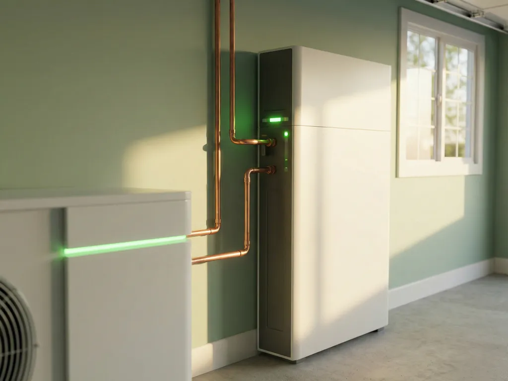Witte warmtepomp verbonden met koperen leidingen aan moderne thuisbatterij op garagemuur, groene LED-indicatoren, zacht middaglicht