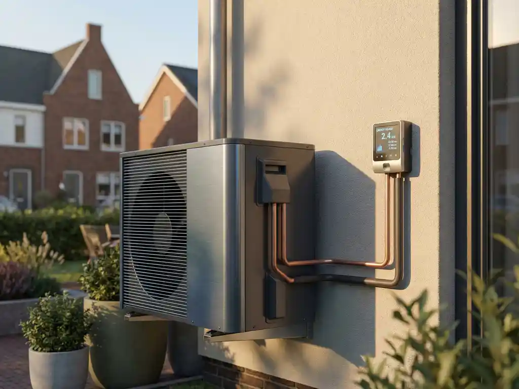 Moderne warmtepomp met metalen lamellen naast hedendaagse woning, verbonden via koperen leidingen met slimme energiemeter