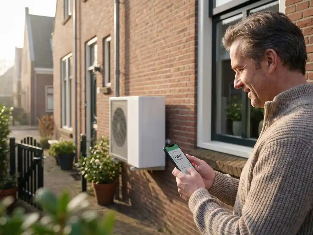 Warmtepomp gemonteerd op bakstenen muur van Nederlands huis met huiseigenaar die lagere energierekening bekijkt op smartphone