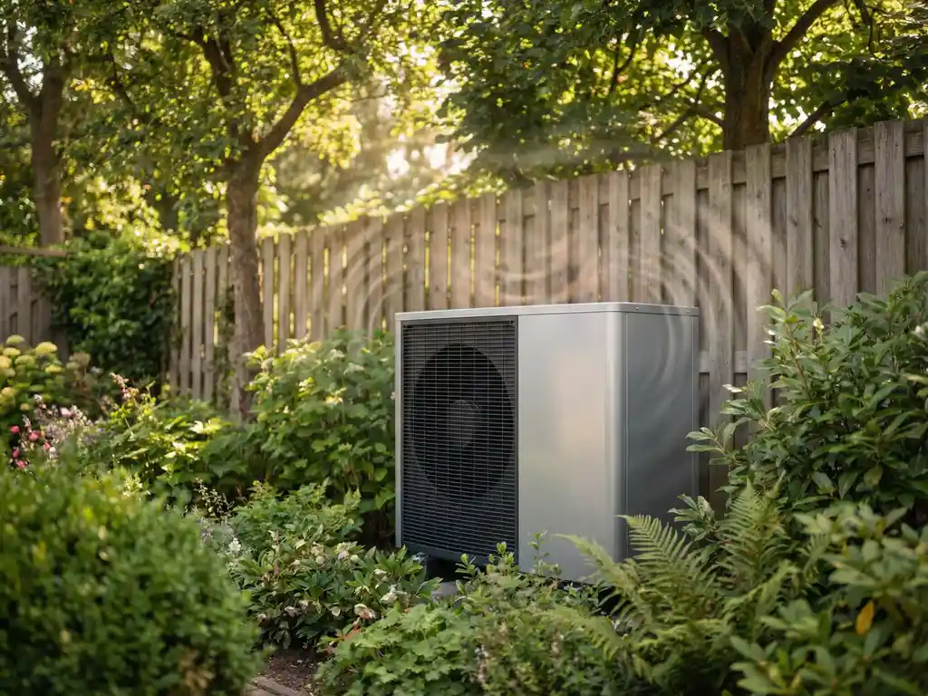 Moderne warmtepomp in rustige Nederlandse achtertuin met groene planten, houten schutting en zachte geluidsgolven