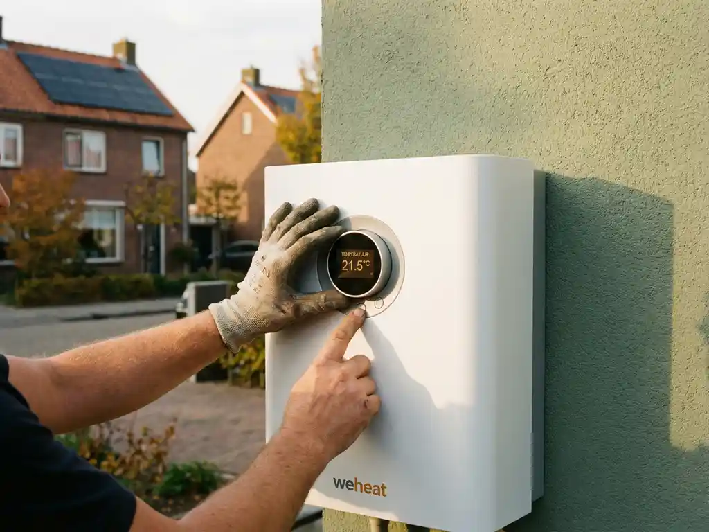 Technicus stelt digitale bedieningselementen bij op witte Weheat warmtepomp aan buitenmuur van moderne woning