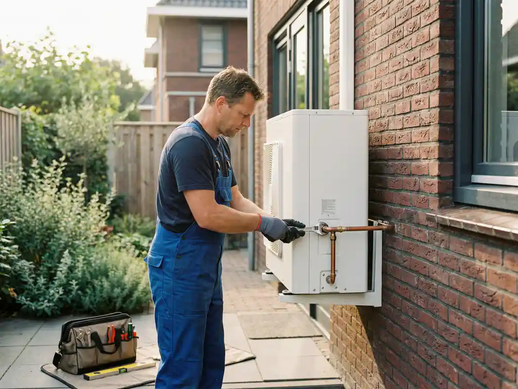 Technicus installeert koperen leidingen op witte warmtepomp aan bakstenen muur van modern Nederlands huis