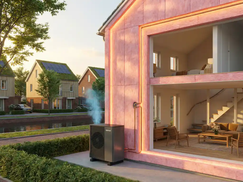 Doorsnede van modern Nederlands huis met roze isolatiemateriaal rond buitenmuren en Weheat warmtepomp buiten aangesloten via koperen leidingen