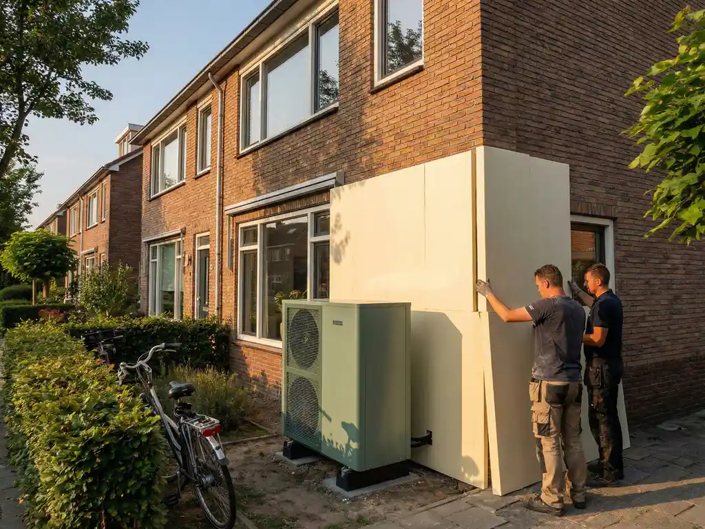 Warmtepomp naast huismuur met isolatiepanelen in Nederlandse woonwijk, gouden middaglicht op bakstenen gevel