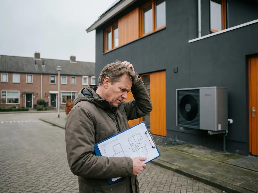 Huiseigenaar bekijkt technische specificaties van warmtepomp bij moderne woning in Nederlandse buitenwijk