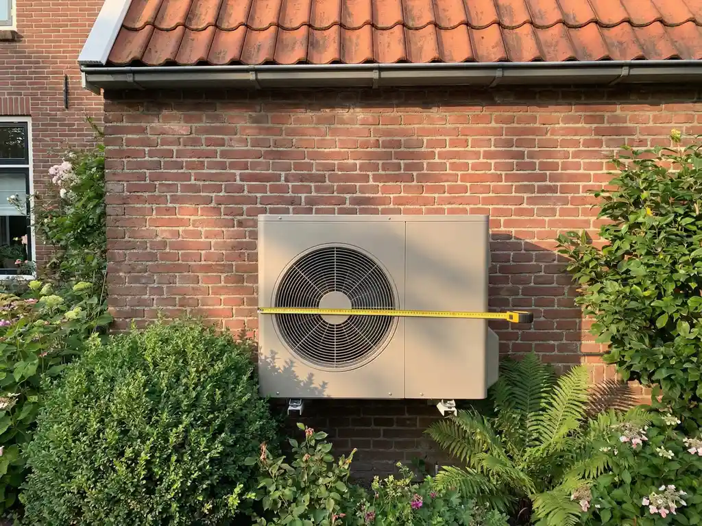 Warmtepomp gemonteerd op bakstenen muur van Nederlandse woning met meetlint, omringd door groene tuinplanten