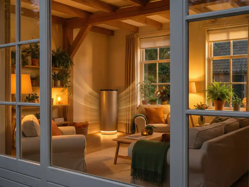 Moderne warmtepomp met amber verlichting in gezellige Nederlandse woonkamer met gouden avondlicht en groene planten