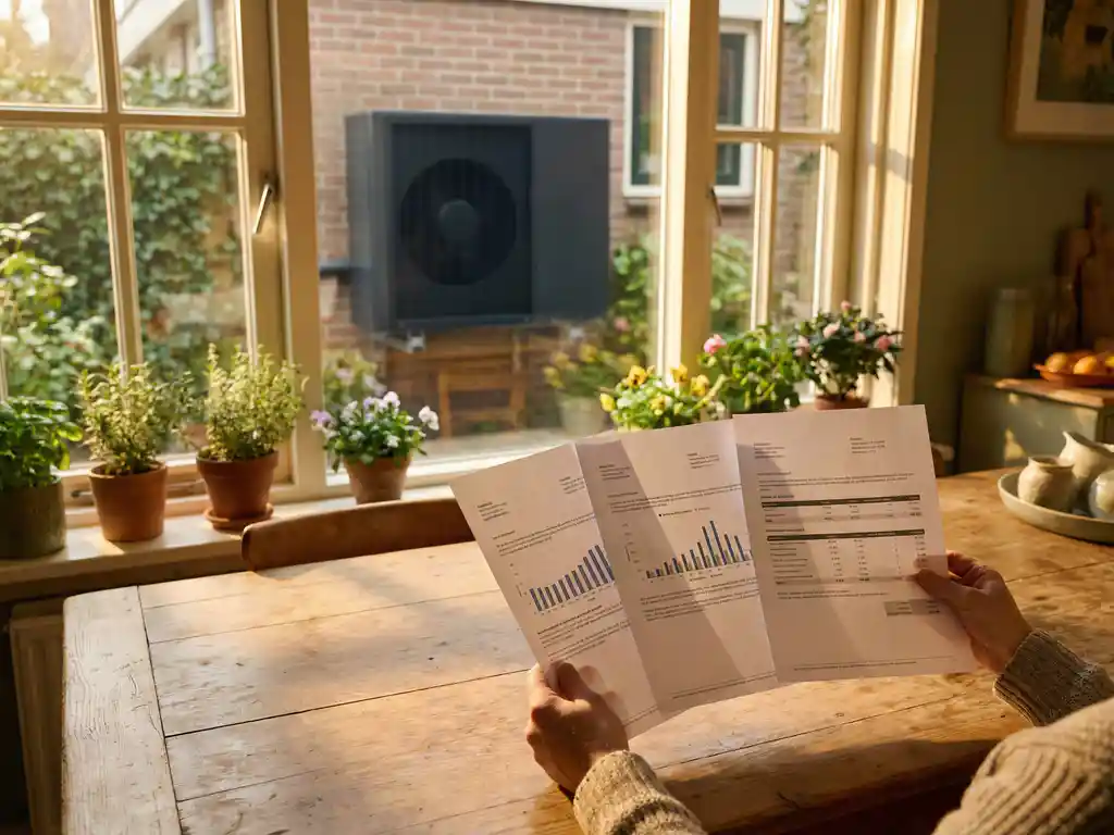 Handen houden drie warmtepomp offertes op houten keukentafel, warmtepomp unit zichtbaar in achtertuin door raam