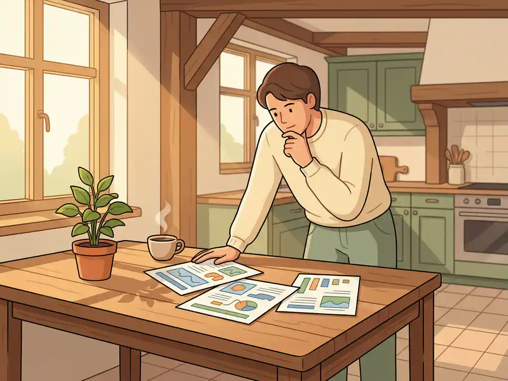 Huiseigenaar vergelijkt drie warmtepomp offertes op houten keukentafel met koffiekop en plantje in gezellig Nederlands interieur