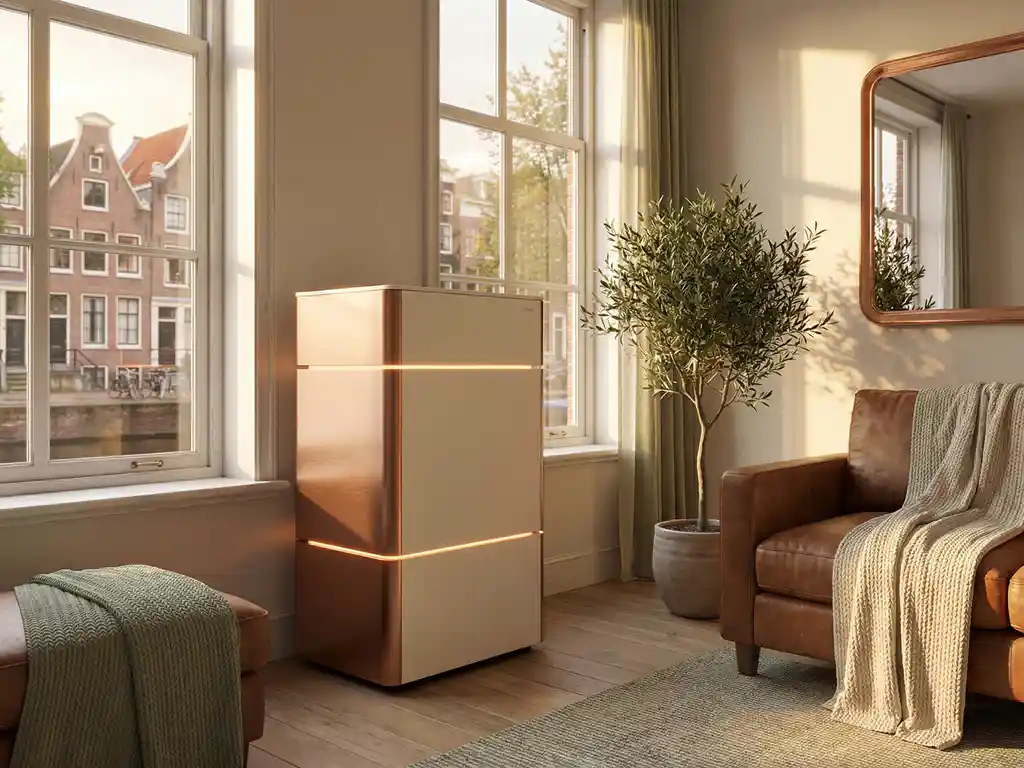 Moderne warmtepomp met gloeiende sensoren in Nederlandse woonkamer hoek, warme verlichting door grote ramen