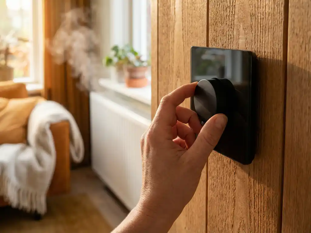 Hand die moderne warmtepomp thermostaat aan houten muur bijstelt, met witte radiator op achtergrond in gezellig Nederlands interieur