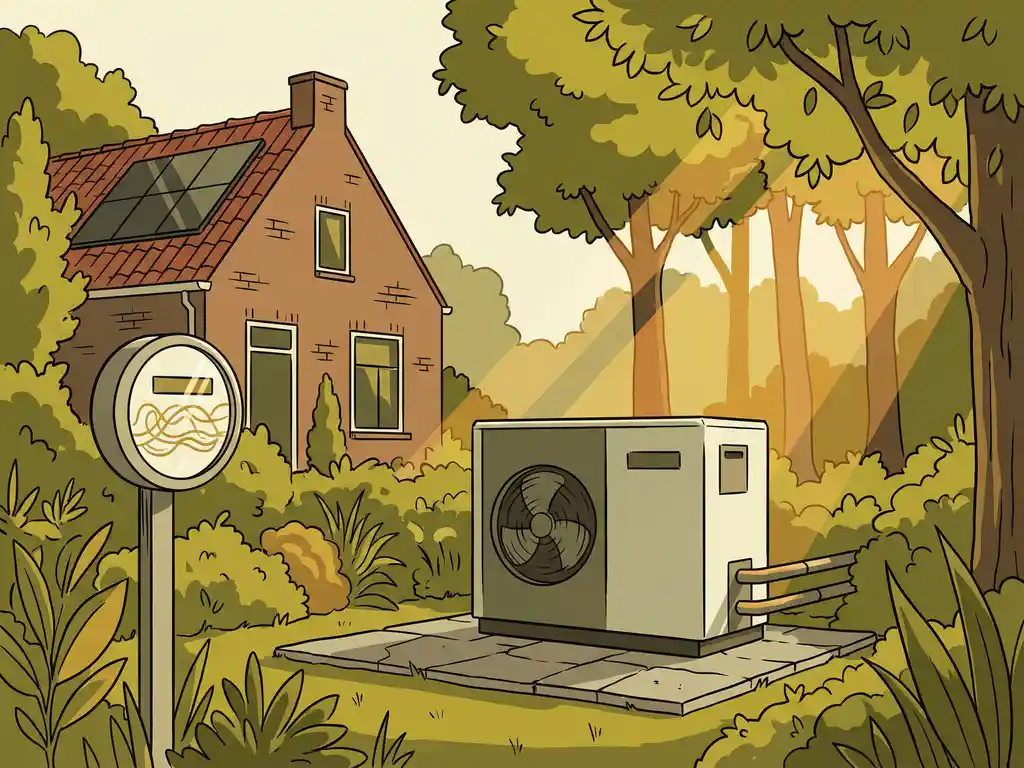 Warmtepomp in Nederlandse achtertuin met zonnepanelen op dak en elektriciteitsmeter, ochtendlicht door groen gebladerte