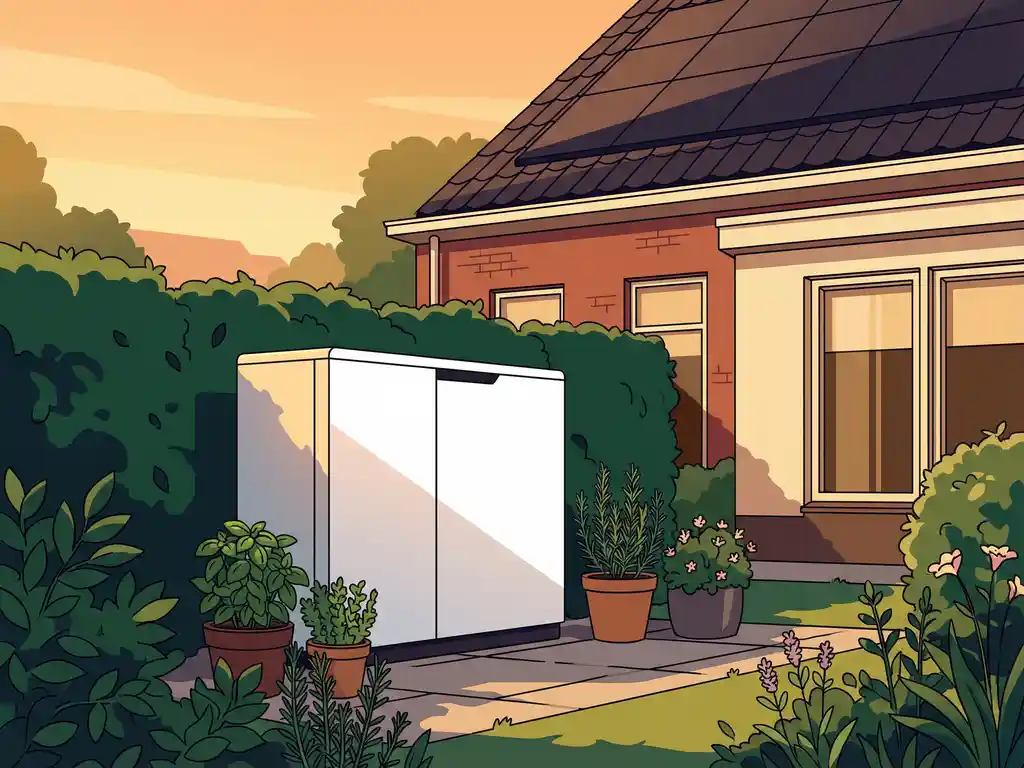 Moderne warmtepomp in Nederlandse achtertuin met weelderige groene planten en kruidentuintje, zachte namiddagzon