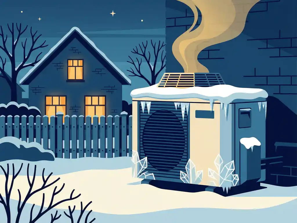 Warmtepomp bedekt met rijp in besneeuwde Nederlandse achtertuin met gouden stoom en verlichte ramen op achtergrond