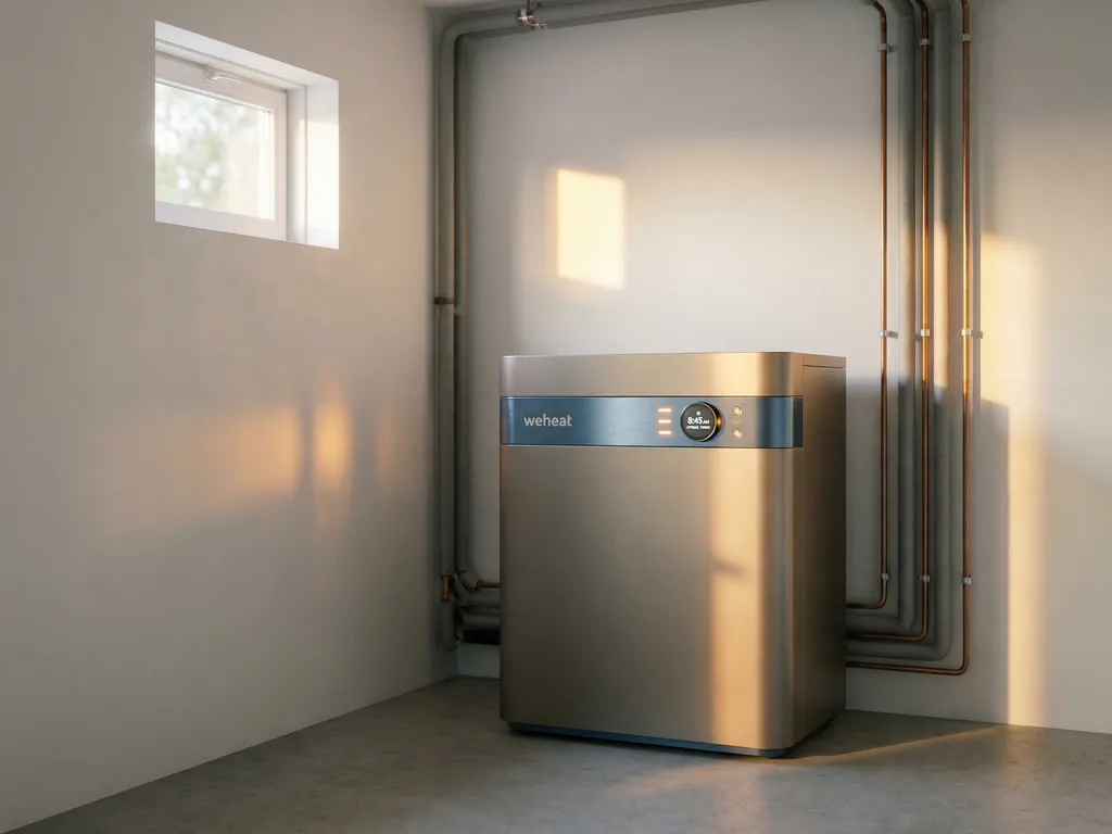 Weheat warmtepomp met verlichte sensoren in moderne technische ruimte met ochtendlicht door raam